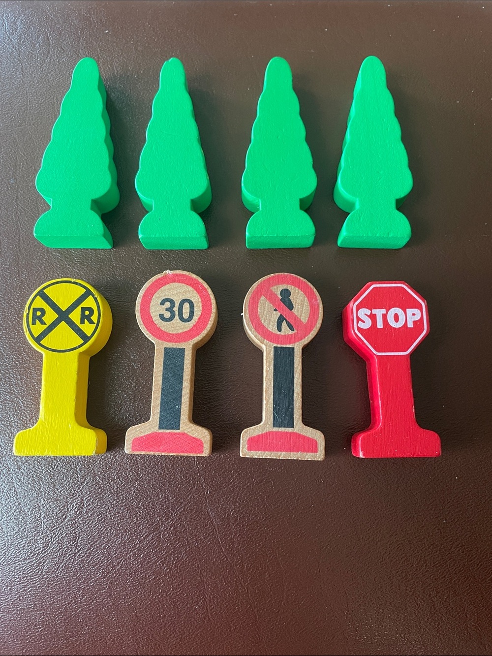 Bundle of 8 Wooden Toy Traffic Signs and Trees Set -for train set